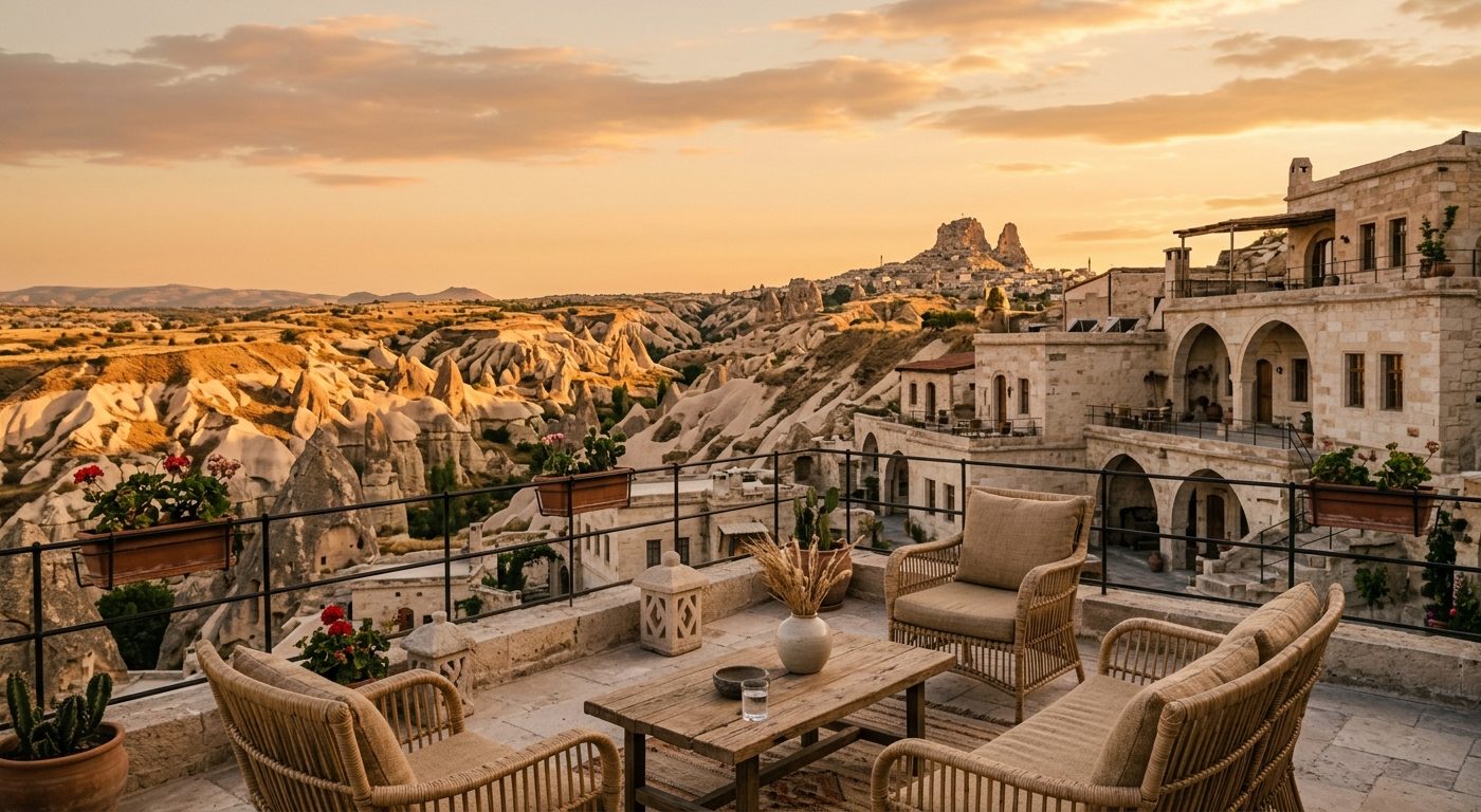 Terrace of a boutique guesthouse in Uchisar overlooking the Cappadocia valley